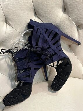 Zara Navy Black Suede Strappy Lace-Up Stiletto Sandals bootie Size  7.5
